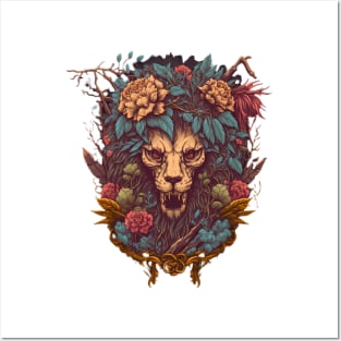 lion flower skull Posters and Art